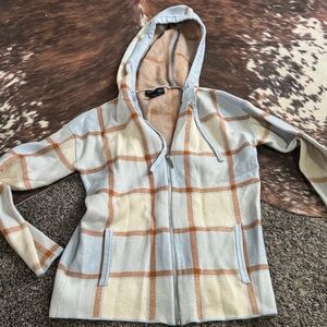 Cynthia Rowley Plaid Hooded Jacket - Blue, Cream, and Tan